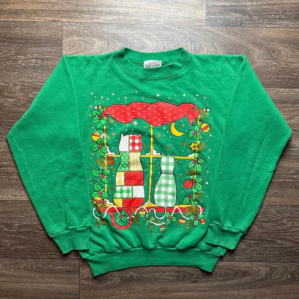 Green Christmas Crewneck Sweatshirt; Two Cats with Plaid & Checkered Design